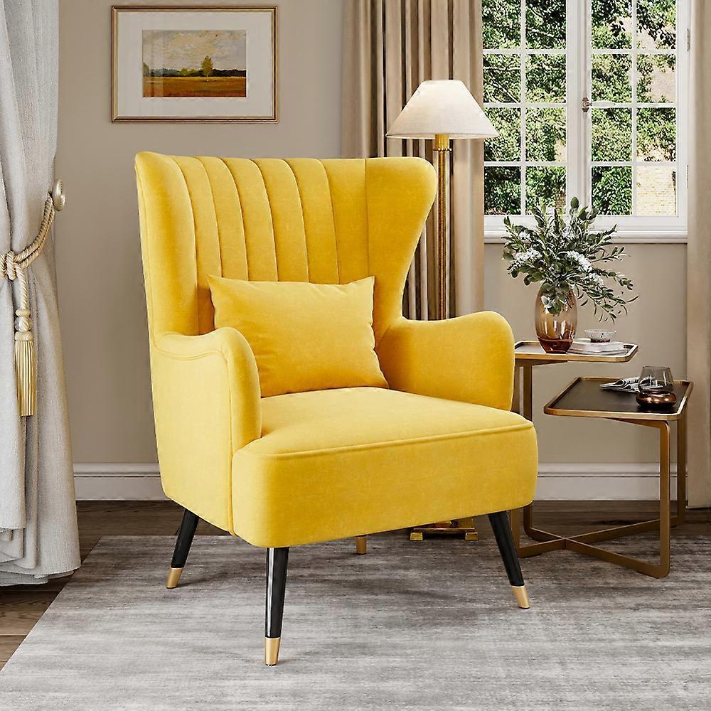 Living And Home Velvet Wingback Armchair with Cushion, Yellow