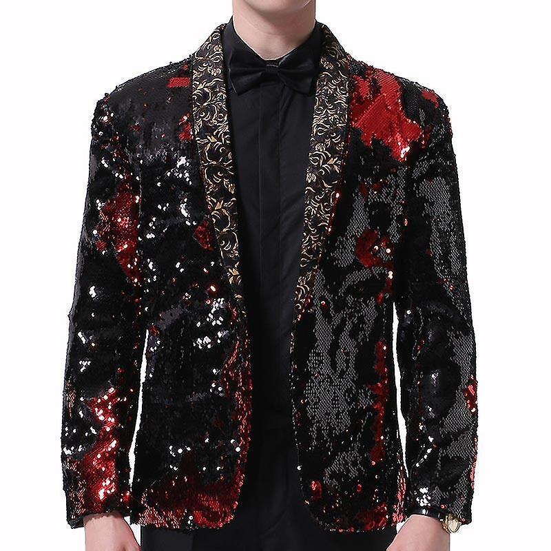 Allthemen Mens Changeable Sequins Slim Fit Party Blazer Red Black XS