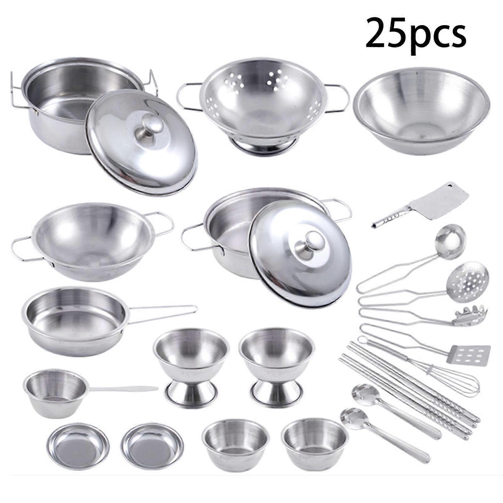 Unbrand 25Pcs Stainless Steel Kids House Kitchen Toys Children Pretend for Play Cookware