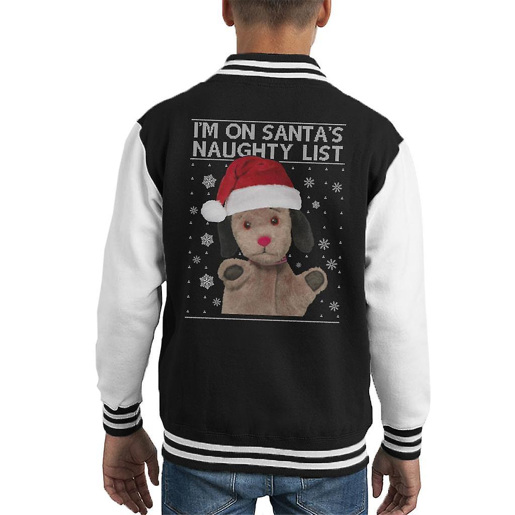 Sooty Christmas Sweep Im On Santas Naughty List Kid's Varsity Jacket Black/White X-Large (12-13 yrs)