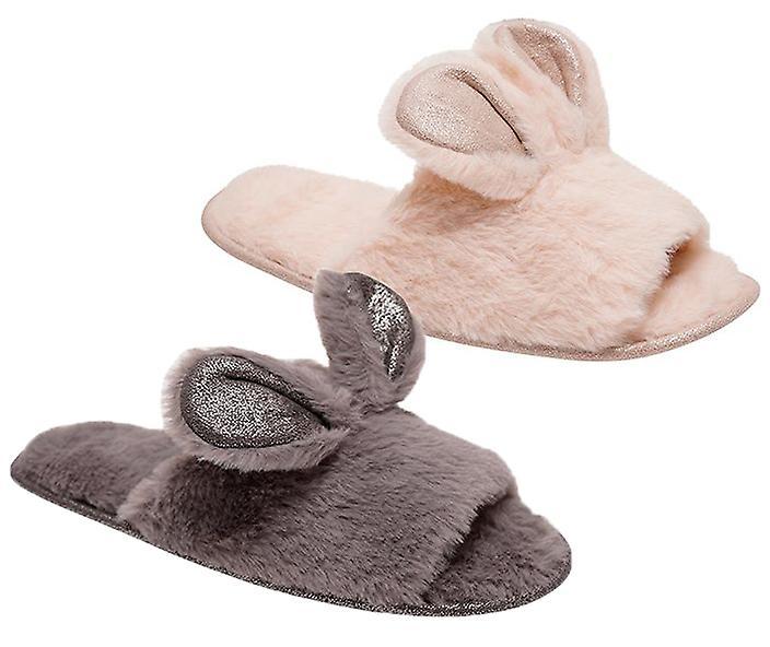 Loungeable Loungable Glamorous Soft Faux Fur Peeptoe Mule Bunny Ear Slippers with Non-Slip Hard Sole Grey UK 7-8