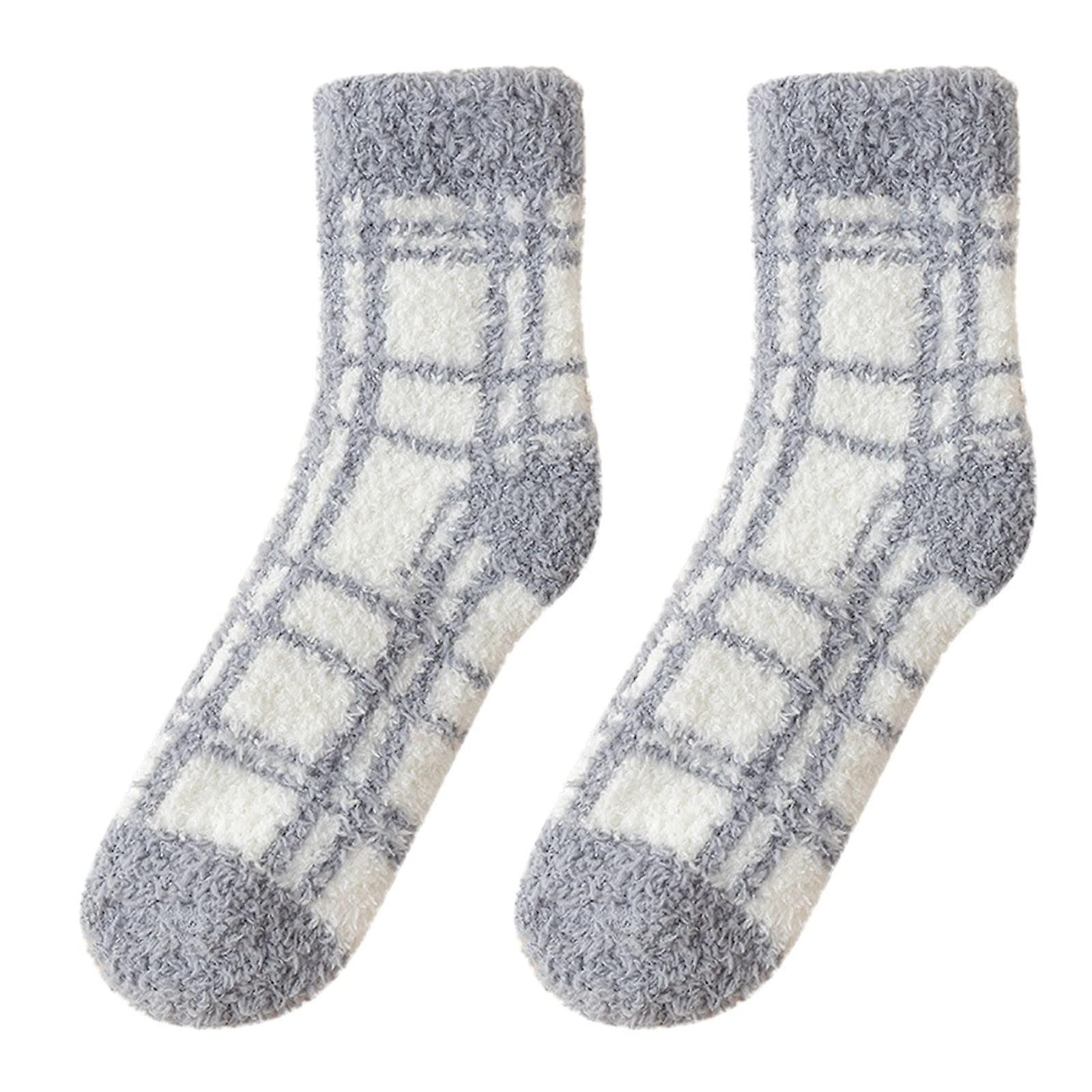 Asygv 2-Pack Soft Women's Plaid Plush Winter Sleep Socks, Short House Socks and Bed Socks (Gray)