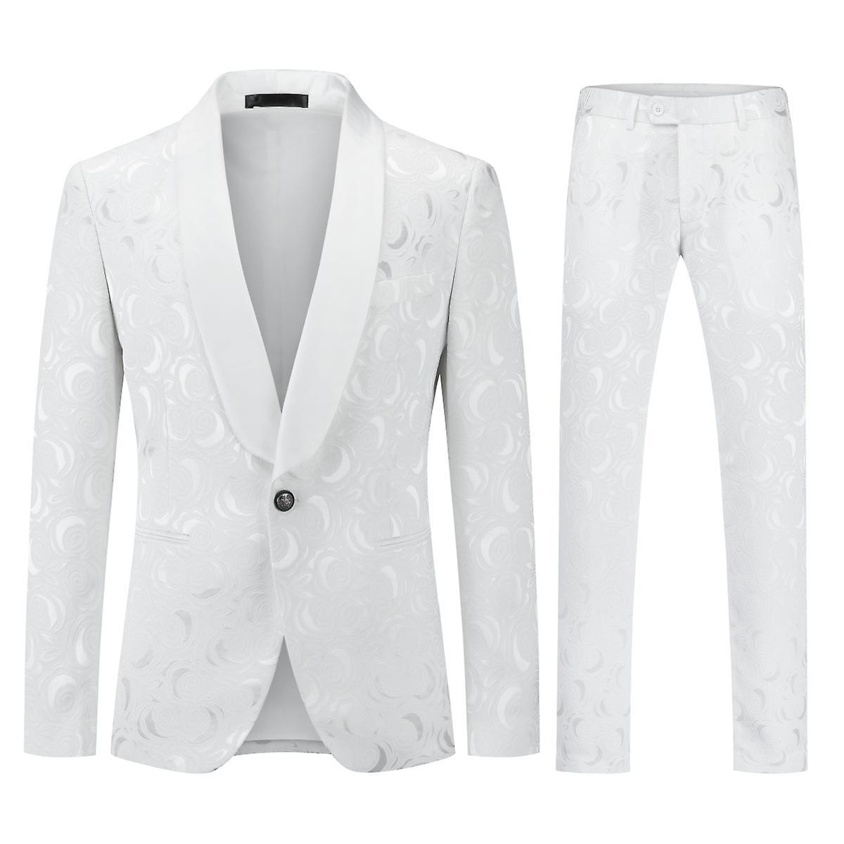 Allthemen Men's 2-Piece Rose Embroidery Wedding Tuxedo Slim Fit Gentleman's Dinner Suit White L