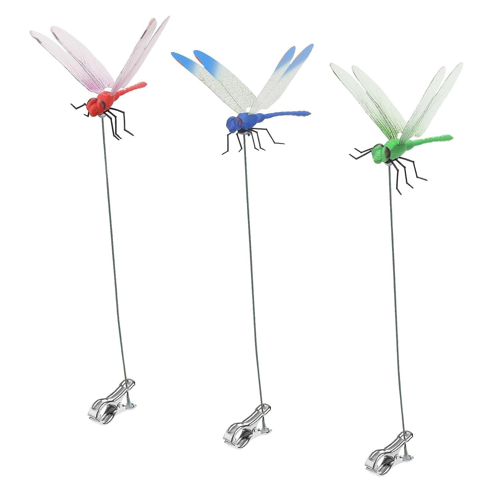 Favrison Outdoor Fake Dragonfly Rod Clip Garden Metal Dragonfly Clip Natural 3d Dragonfly Garden Decoration Creative Home Accessories 3Pcs