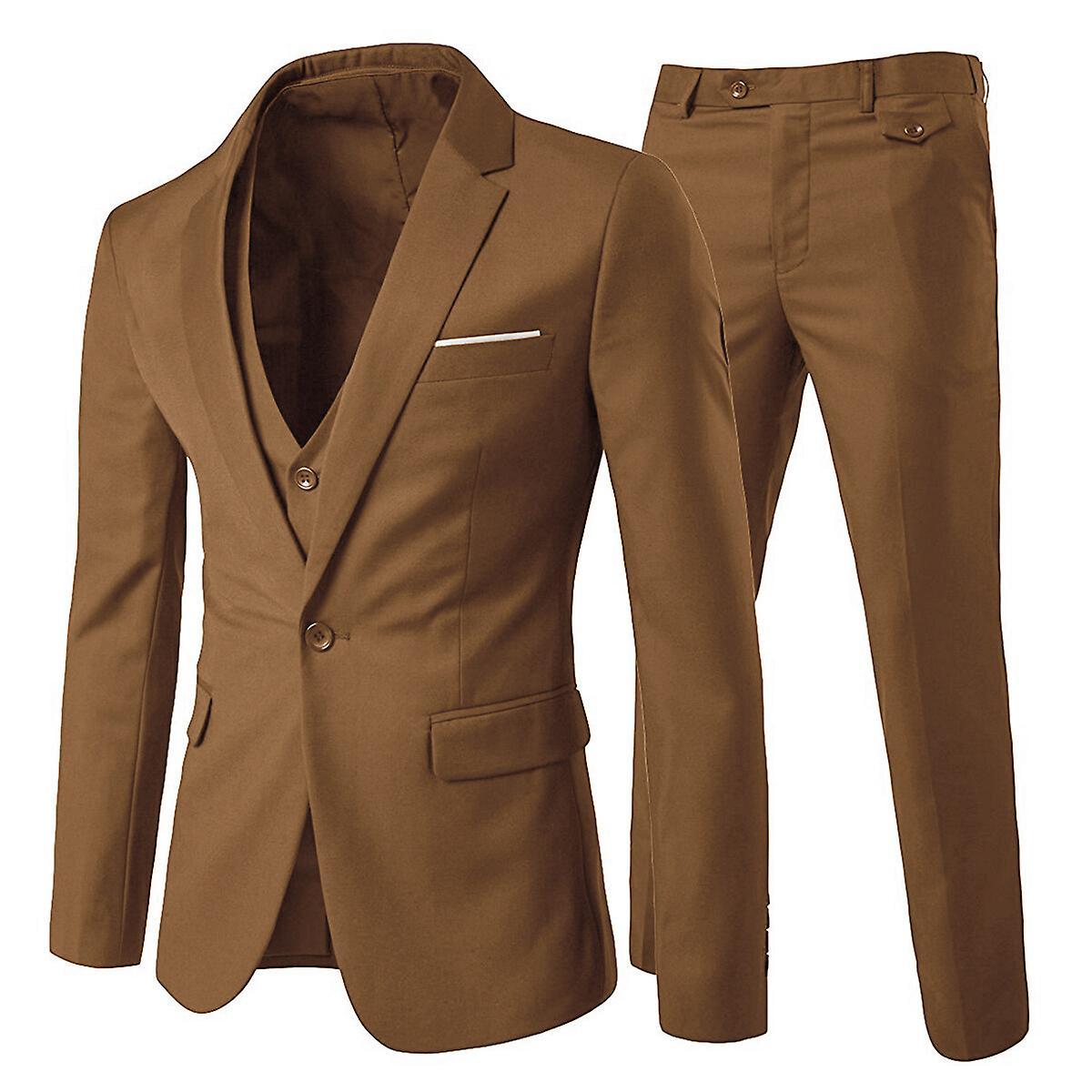 Allthemen Men's Suit 3-Piece Business Solid Slim Fit Suit Jacket&Pants&Vest Light Brown M