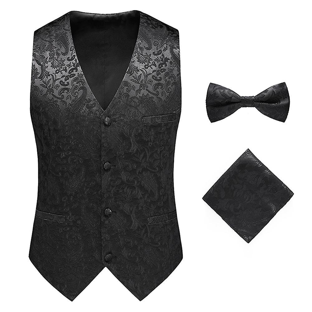 Yunclos Mens Formal Wedding Paisley Waistcoat Bow Tie Set Jacquard Woven Suit Vest Black XL