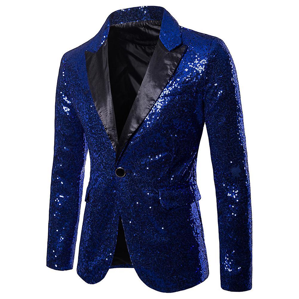 Allthemen Mens Sequined Casual Wedding Party Peaked Lapel Shiny Jacket Blue L