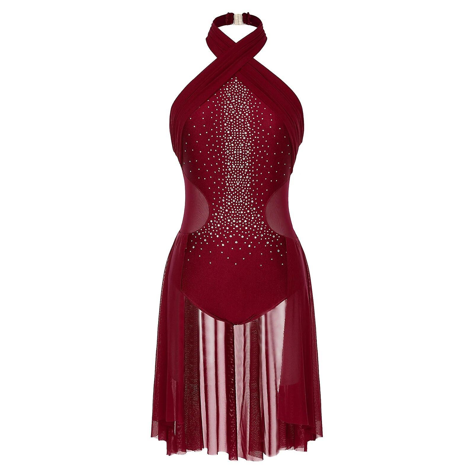 Aionyaaa Womens Lyrical Dance Costume Mesh Splice Ballet Gymnastics Leotard Dress Shiny Rhinestones Sleeveless Ballroom Dancing Dresses M Burgundy