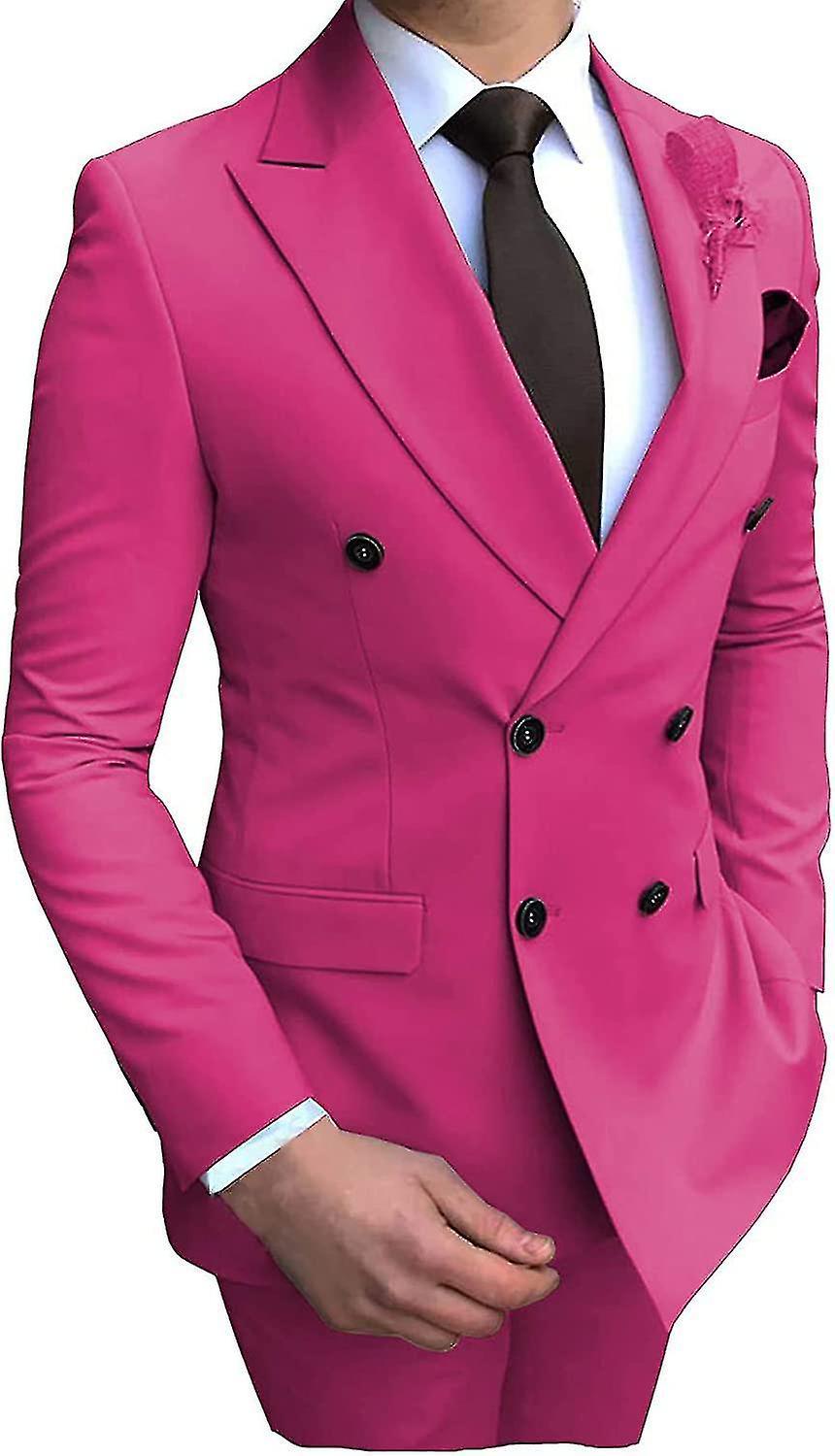 Unbrand Mens Double-breasted Blazer Suit 2 Pieces Slim Fit Wedding Groom Tuxedos Peak Lapel Formal Prom Suits Fuchsia 52