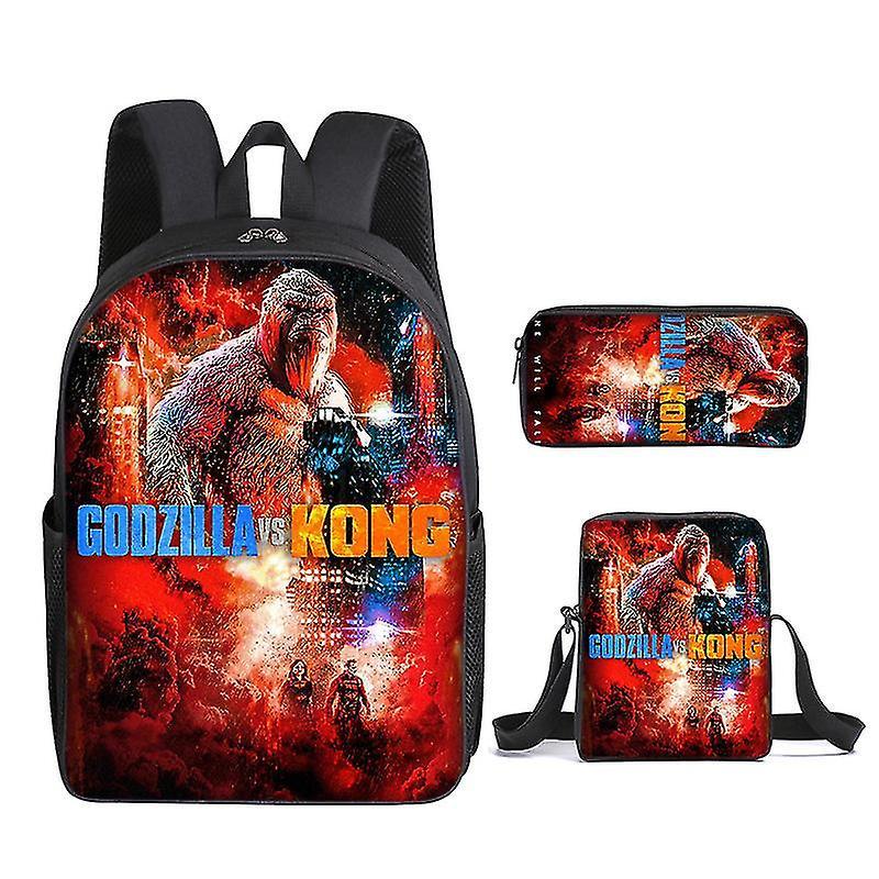 Shznv Children's Gift Godzilla Vs. King Kong School Bag Three-piece Backpack + Satchel + Pencil Case#2 E