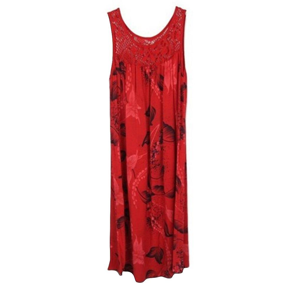 Merryso Floral Printed Lace Stitching O-Neck Sleeveless Women Summer Loose Tank Dress Red XXXXL