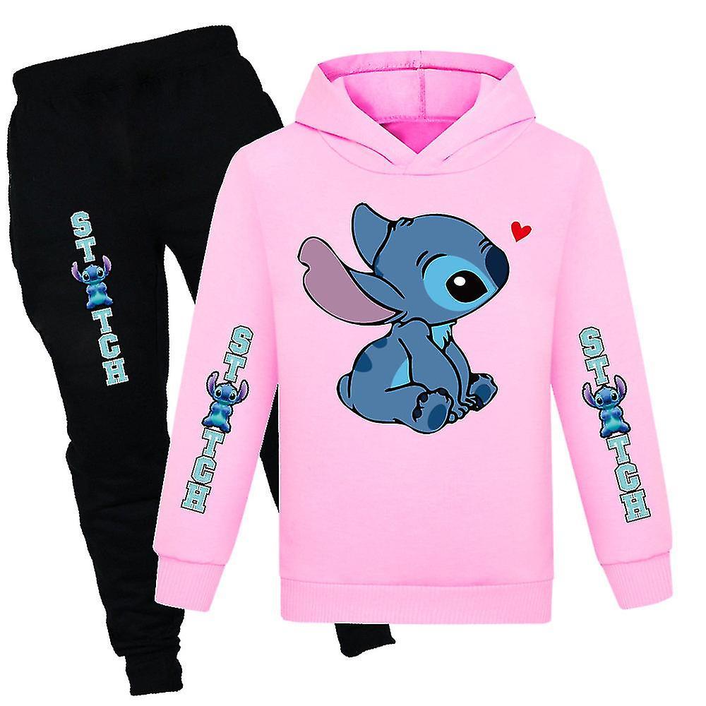 SML Lilo & Stitch Print Kids Tracksuit Set Boys Girls Casual Hooded Sweatshirt Hoodie Jogger Pants Outfit Activewear Suit Pink 9-10 Years