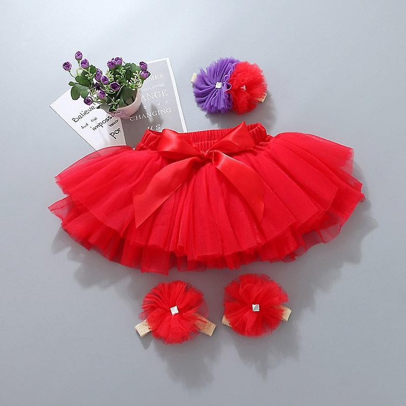 Slowmoose Baby Tutu Skirt Bloomers Diaper Cover Newborn Infant Outfits, Headband Flower 6M / 161red