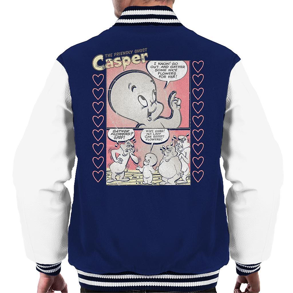 Casper The Friendly Ghost Flowers Comic Frame Men's Varsity Jacket Navy/White XX-Large