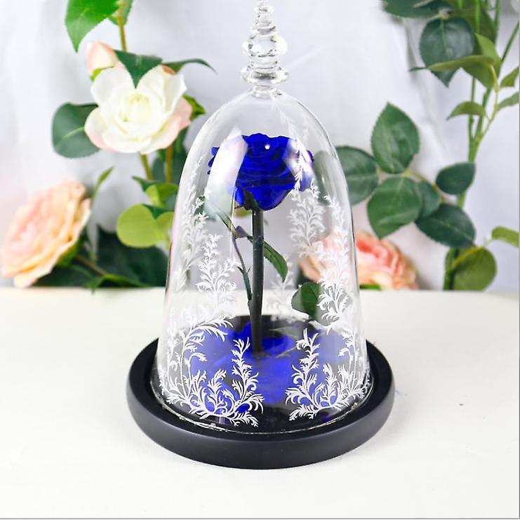 Yesfit Preserved Flower Finished Glass Cover Rose Christmas Valentine's Day Gift BLUE