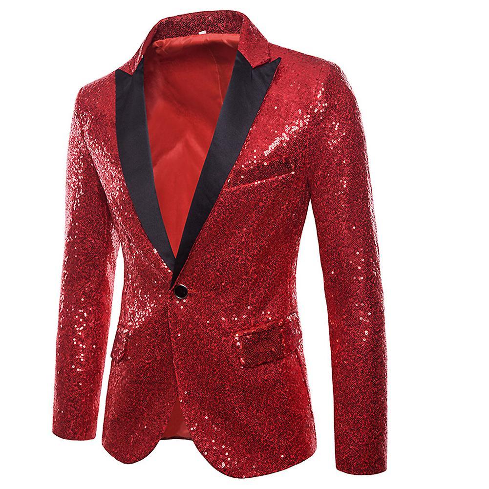 Cloudstyle Men's Shiny Sequined Peaked Lapel Dress Blazer Red M