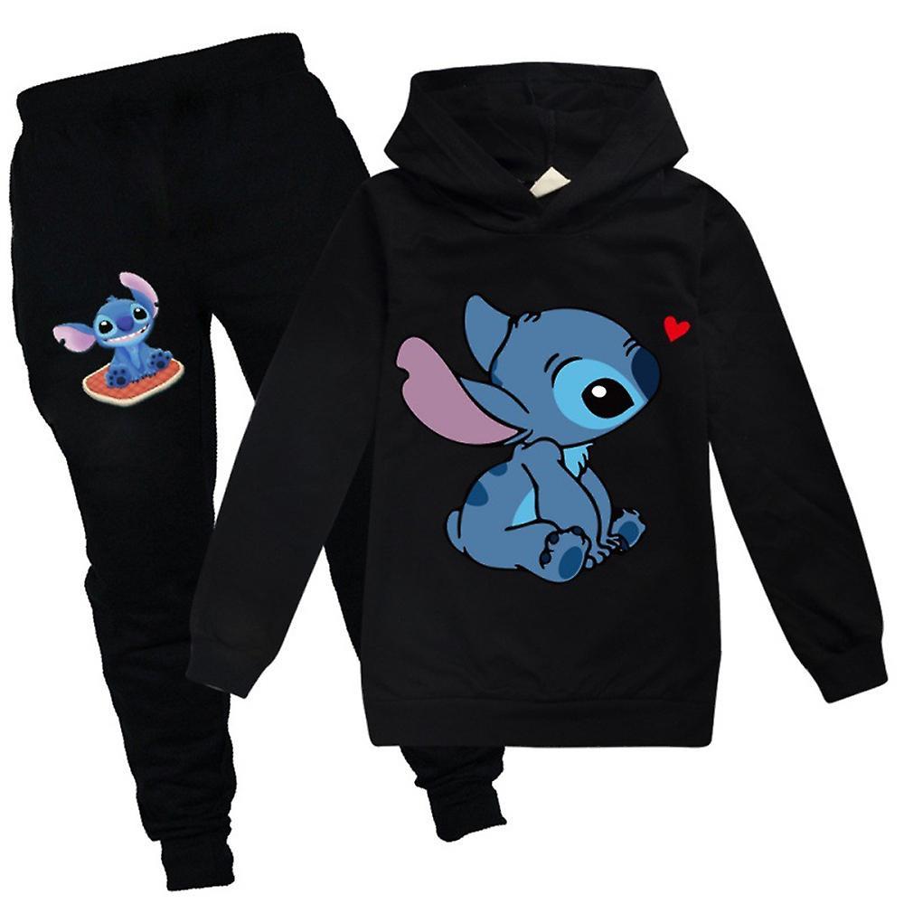 Varychmoo Stitch Print Teens Boys Girls Tracksuit Set Hoodie Tops Joggers Pants Suit Kids Casual Outfits Activewear Black 13-14 Years