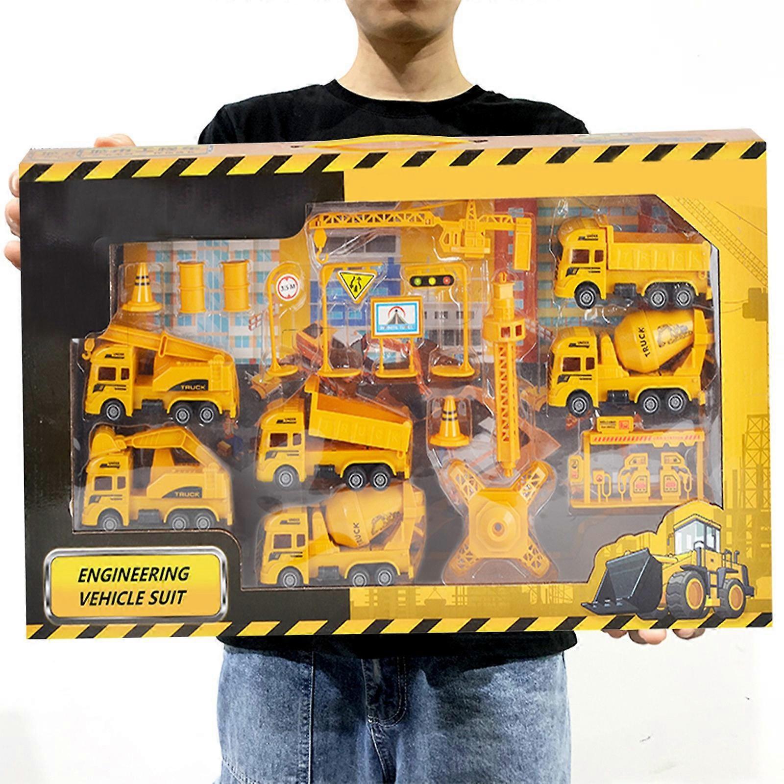 Flye Kids Construction Vehicles Playset , Excavator, Dump Truck, Cement, Educational Engineering Toy Set Birthday Gift For 3+ Year Old Boy 16 Pcs..