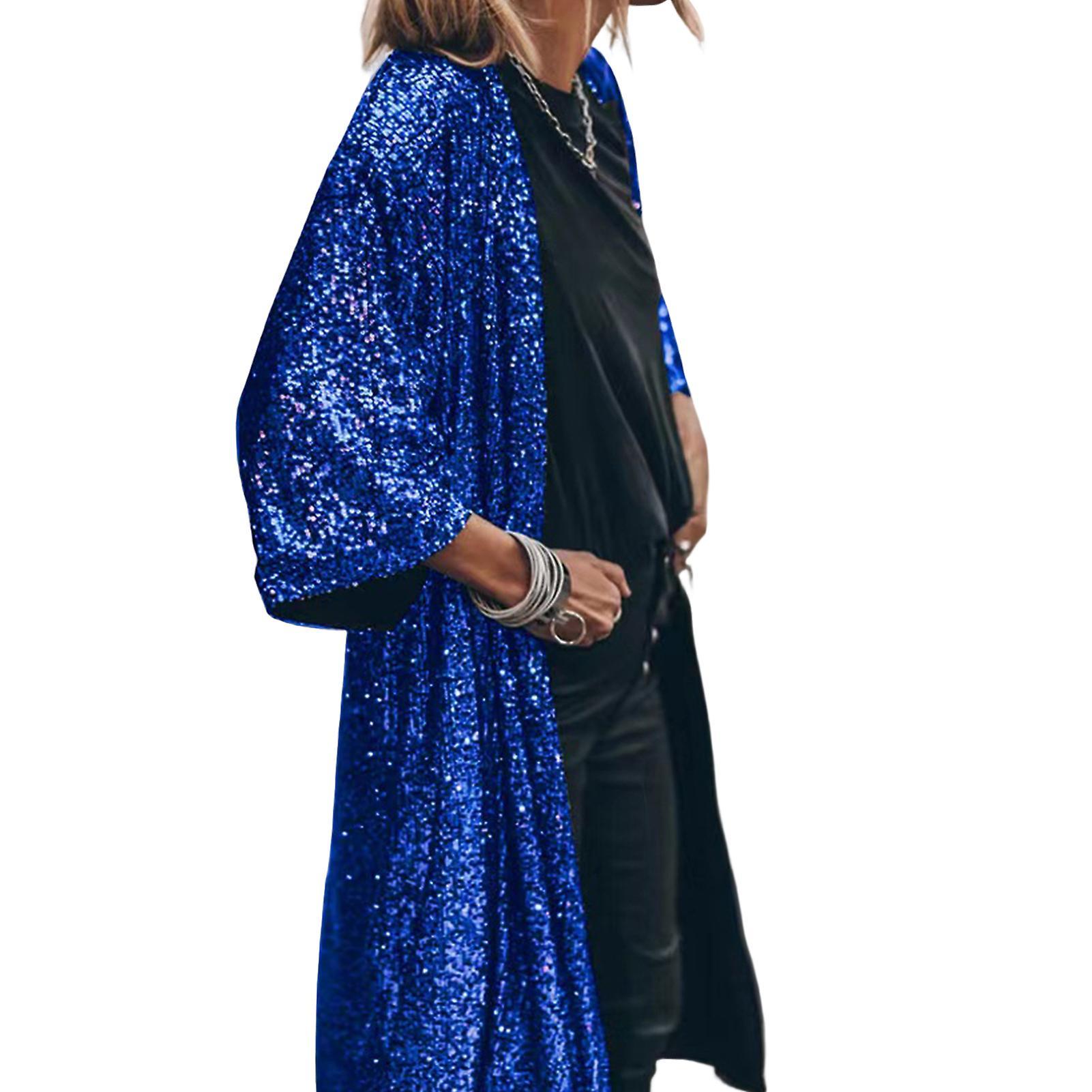 Fianao 3/4 Sleeve Open Stitch Loose Fit Cardigan Coat Women Shiny Sequins Mid-length Cape Jacket Streetwear Blue XL