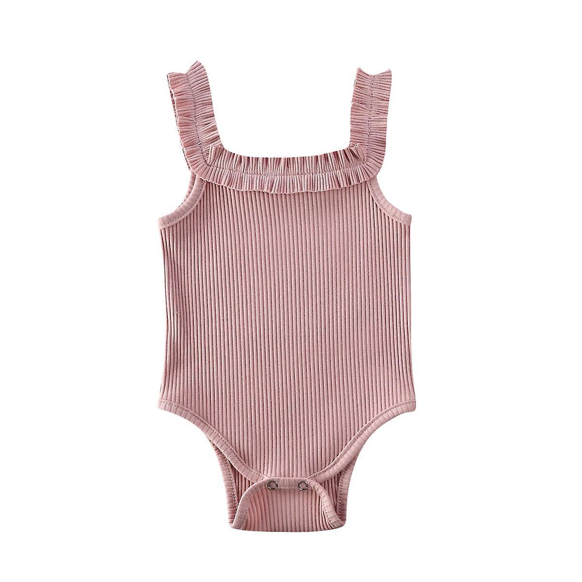 Slowmoose Baby Summer Clothing, Newborn Sleeveless Cotton Bodysuit, Ribbed Ruffled Pink 24M