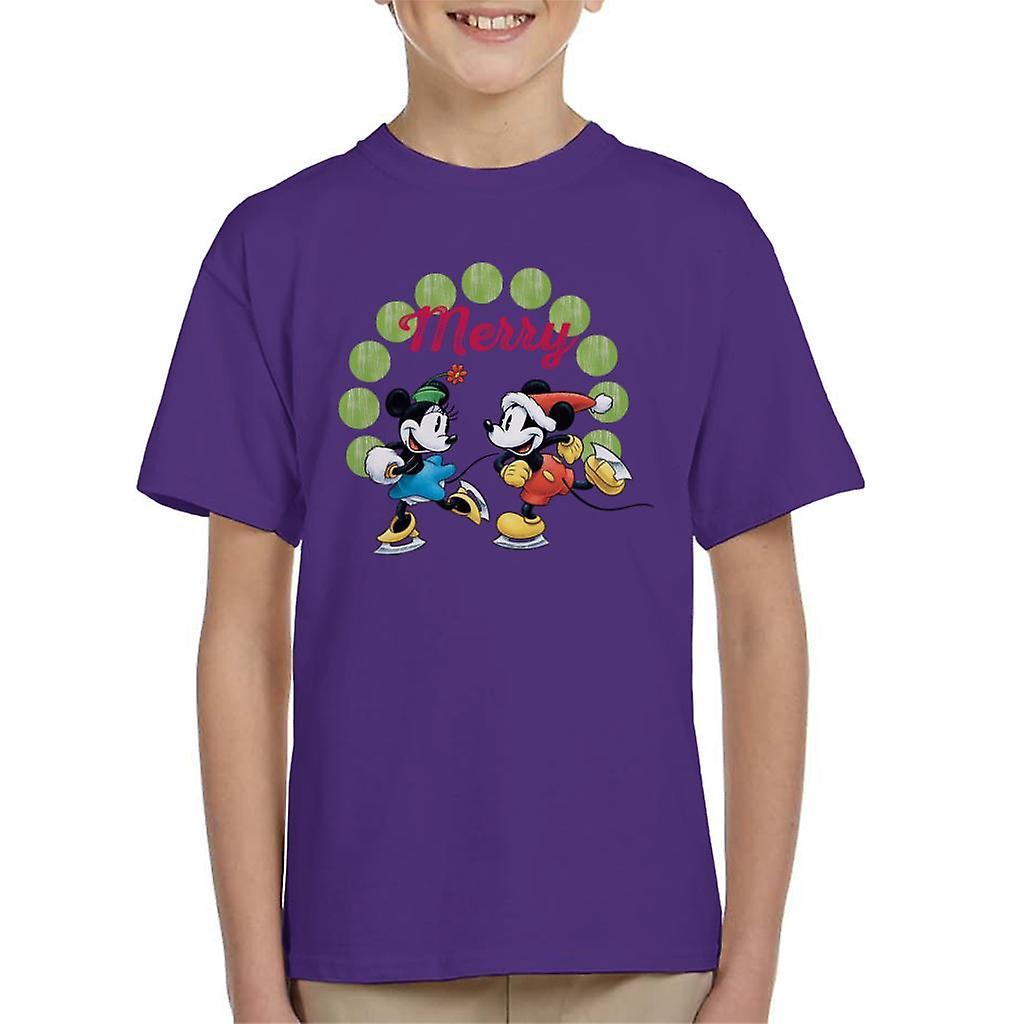 Disney Christmas Mickey And Minnie Mouse Ice Skating Kid's T-Shirt Purple X-Small (3-4 yrs)