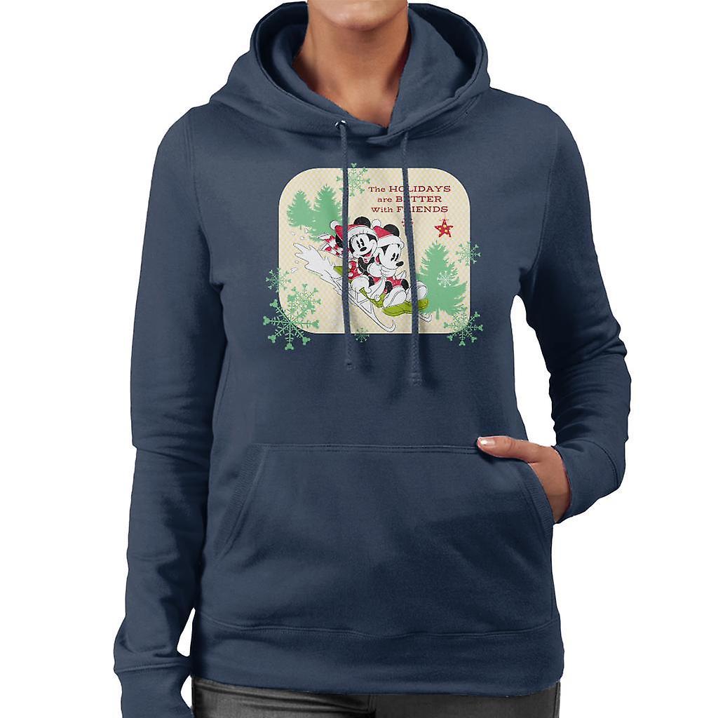 Disney Christmas Mickey Mouse Holidays Are Better With Friends Women's Hooded Sweatshirt Navy Blue Small