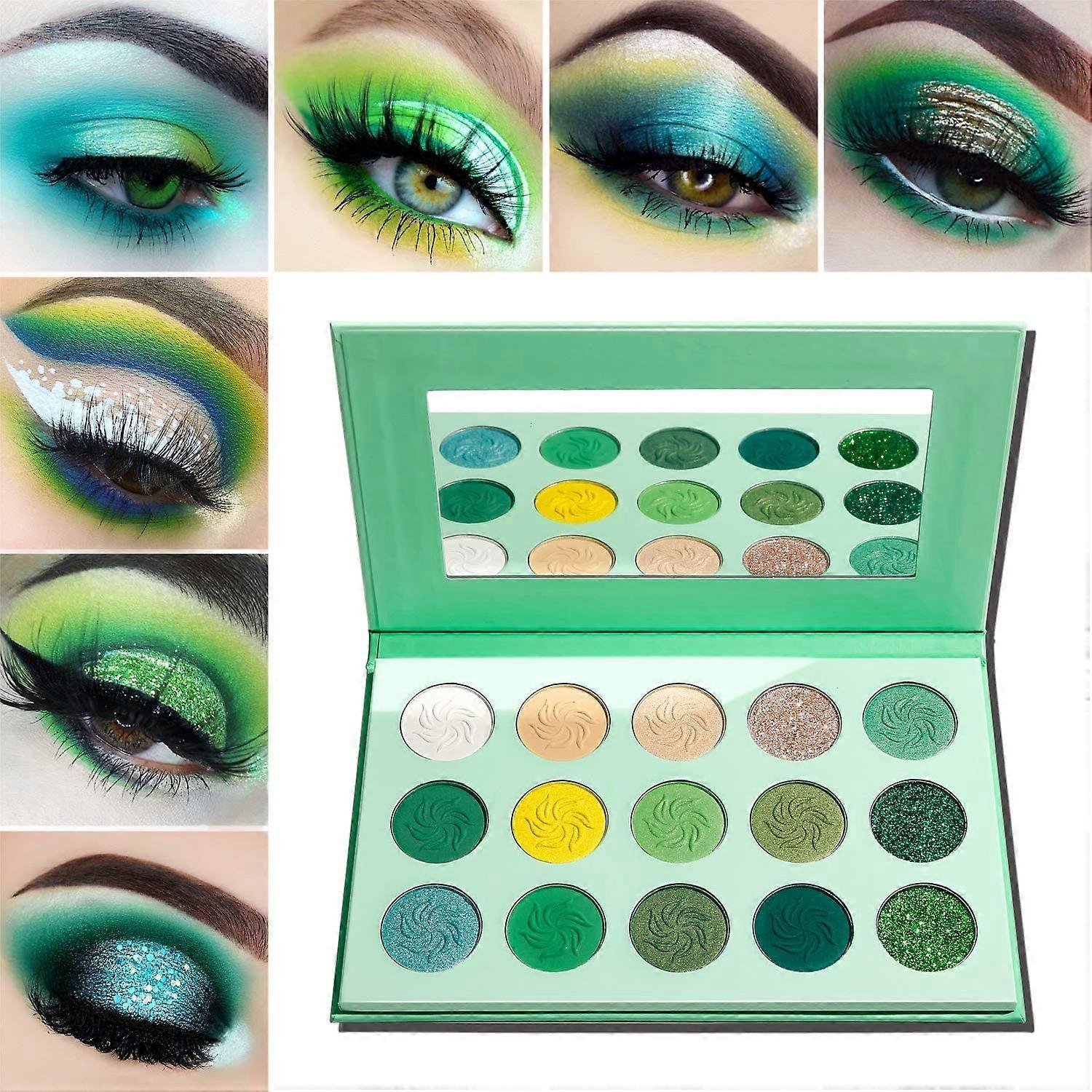 Linkrunning Green Eyeshadow Palette And Glitter,Highly Pigmented Makeup Palettes Eye Shadow Yellow 15 Colours,Bright Shimmer Metallic Sparkle Eyesh..