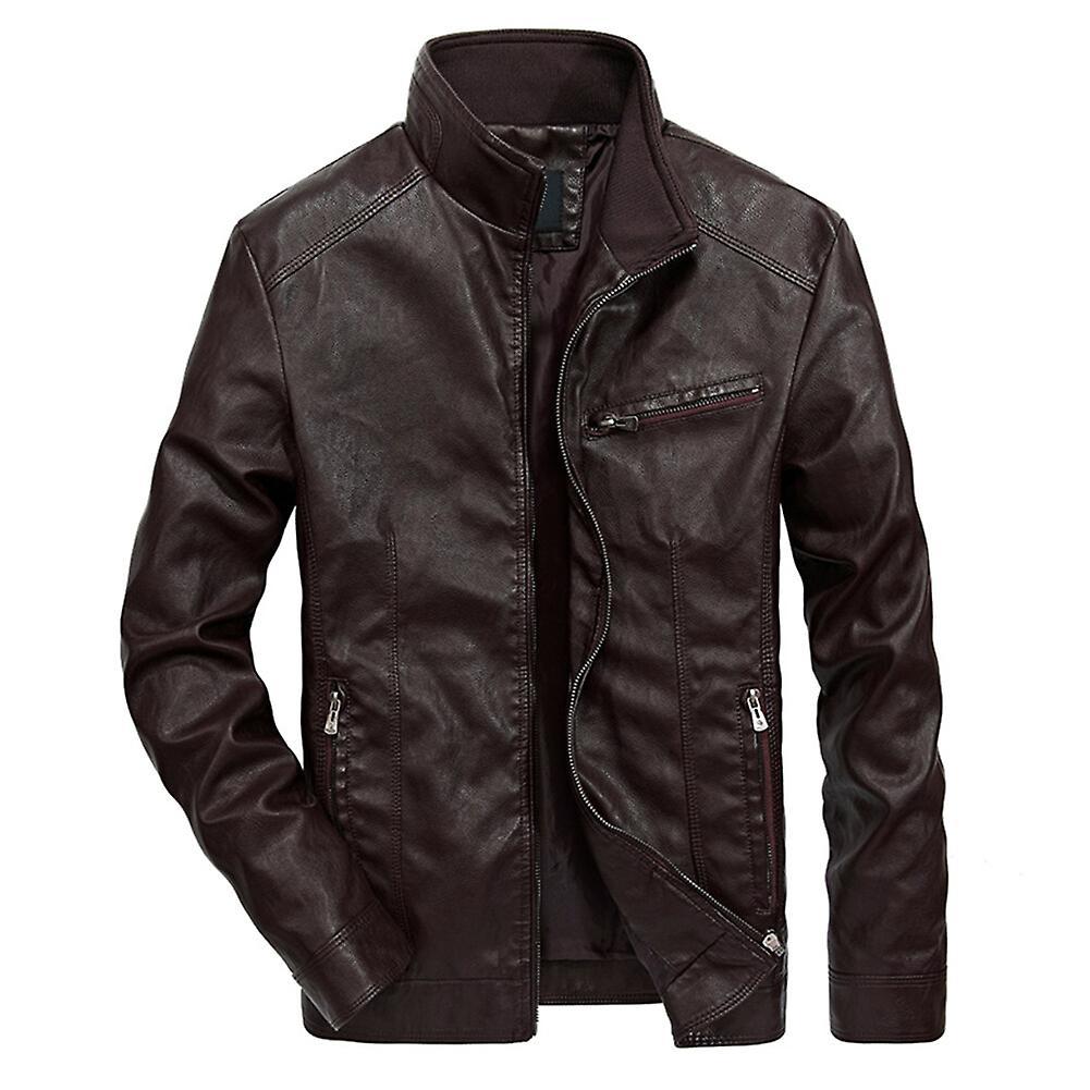 Allthemen Mens Casual Stand Collar Solid Leather Jacket Dark Brown M