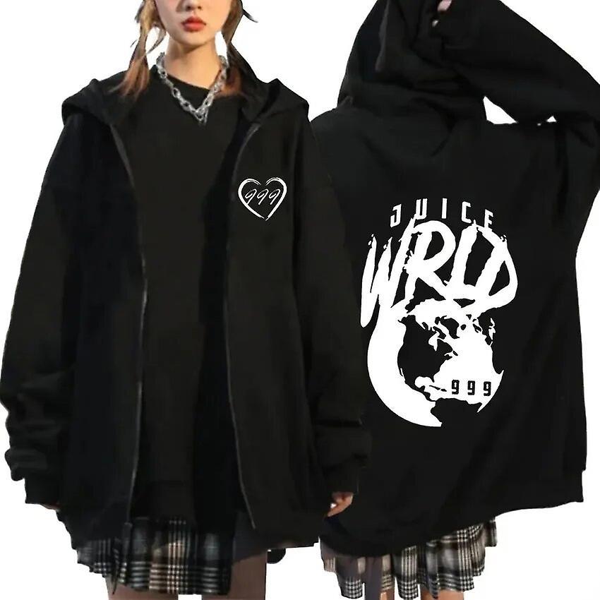 Eccpp Rapper Juice Wrld 999 Print Zipper Hoodie 2023 Men's Women Hip Hop Oversized Zip Up Sweatshirt Fashion Pullover Coats Streetwear Black XL