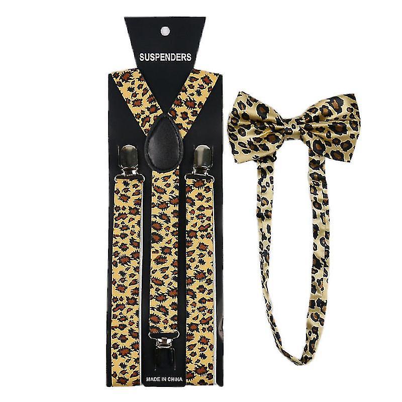 Beangle Unisex Suspender Bow Tie Set Wide Leopard Print Adjustable 3 Clip-on Y-back Belt,  Khaki