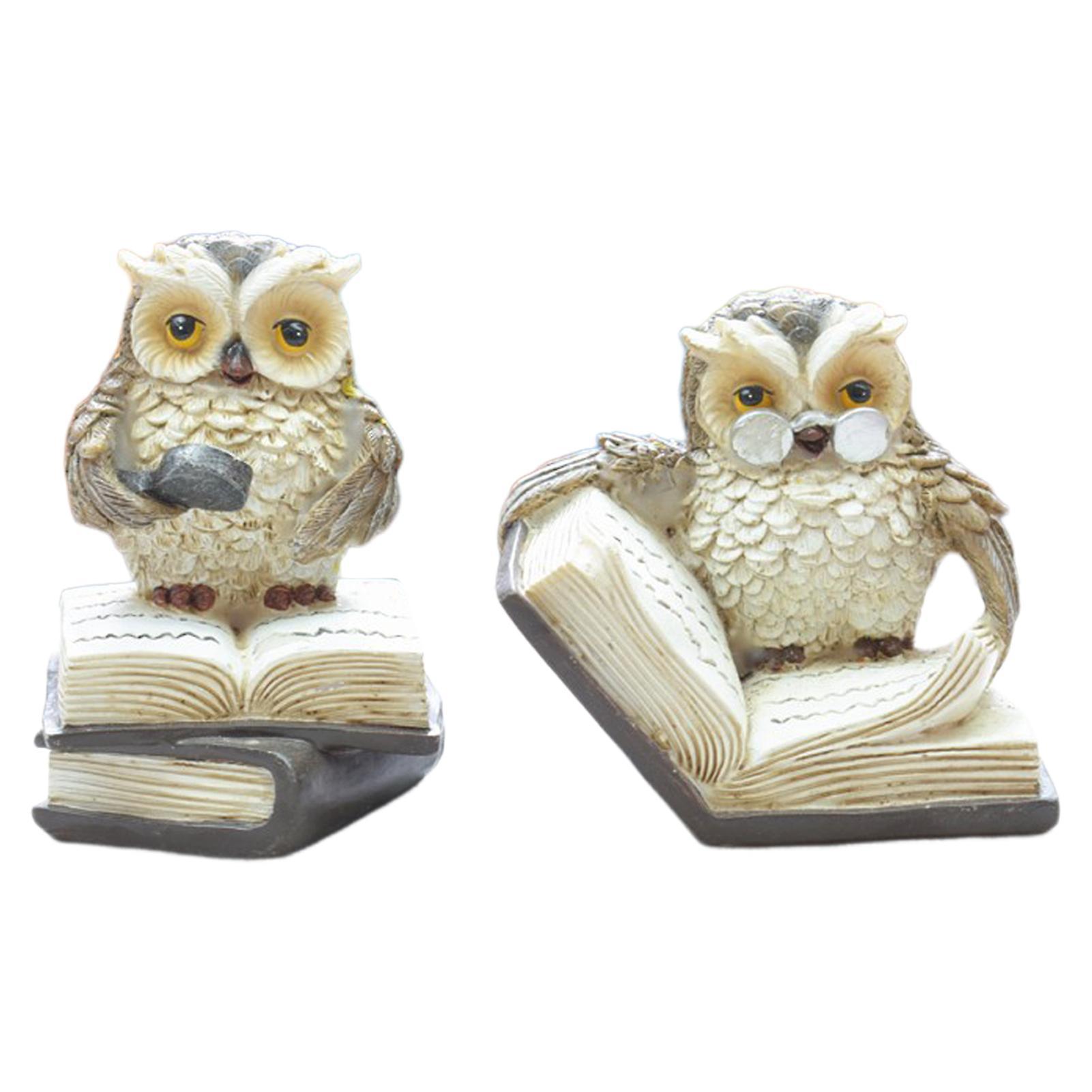 Wharick 2Pcs/Set Owl Statue Cartoon Realistic Resin Reading Book Owl Figurine Home Decor