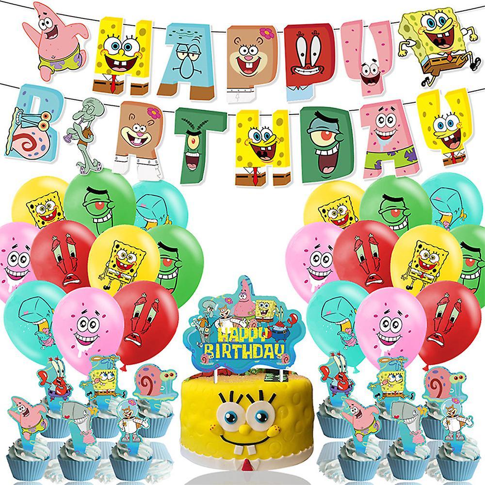 Shinestar Cartoon Spongebob Birthday Party Supplies - 32 Pcs Birthday Banner Cake Topper Cupcake Topper Balloons For Kid Boys Girls Fans Party Deco...