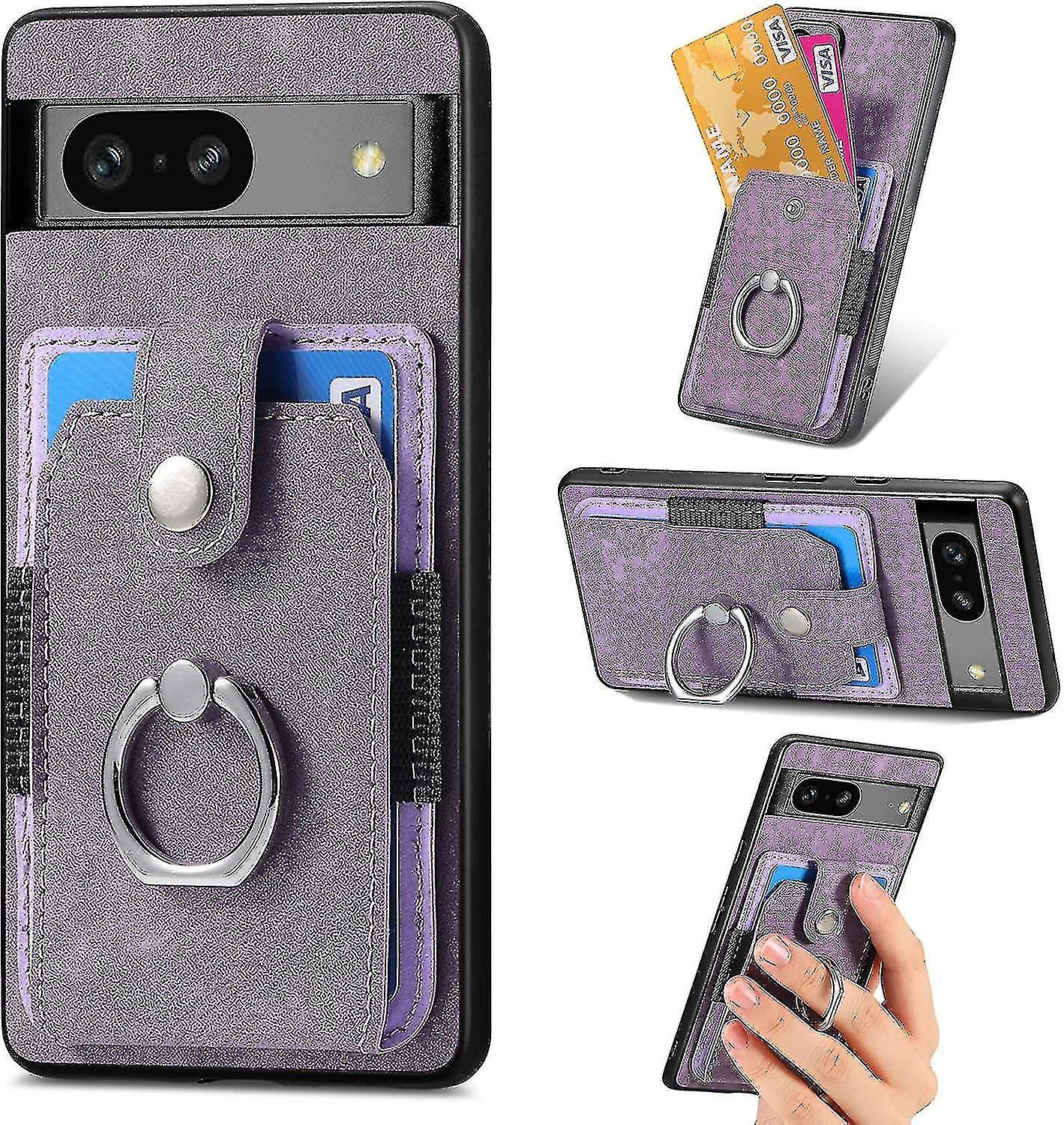 Skwtlv Leather Wallet Case Compatible Google Pixel 7a With Card Holder & Kickstand Ring Holder Anti-scratch Shockproof Purple