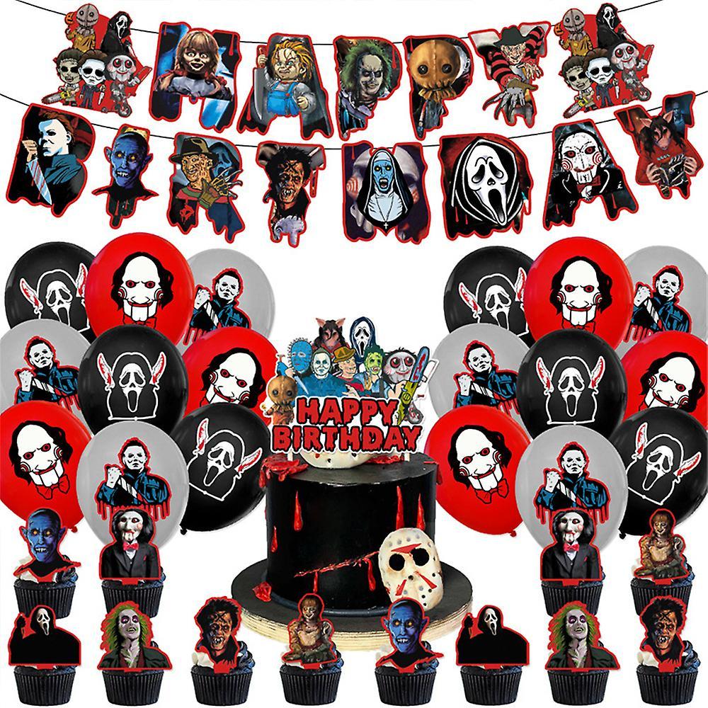 Vicbuy Halloween Horror Movie Party Supplies, Classic Horror Birthday Party Scary Decorations Set Includes Banner Cake Cupcake Toppers Balloons Set...