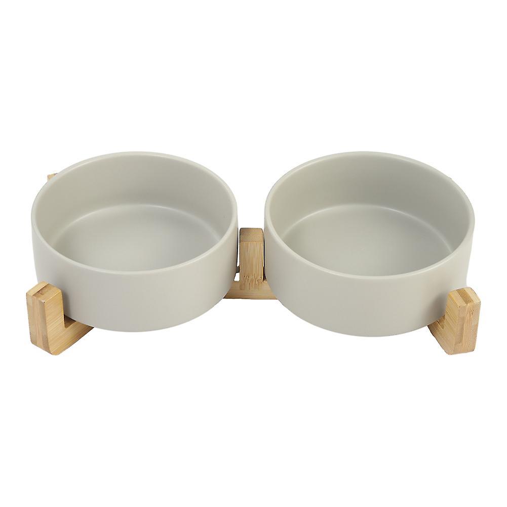 Living And Home Livingandhome Double Ceramic Cat Bowl with Bamboo Stand-Grey