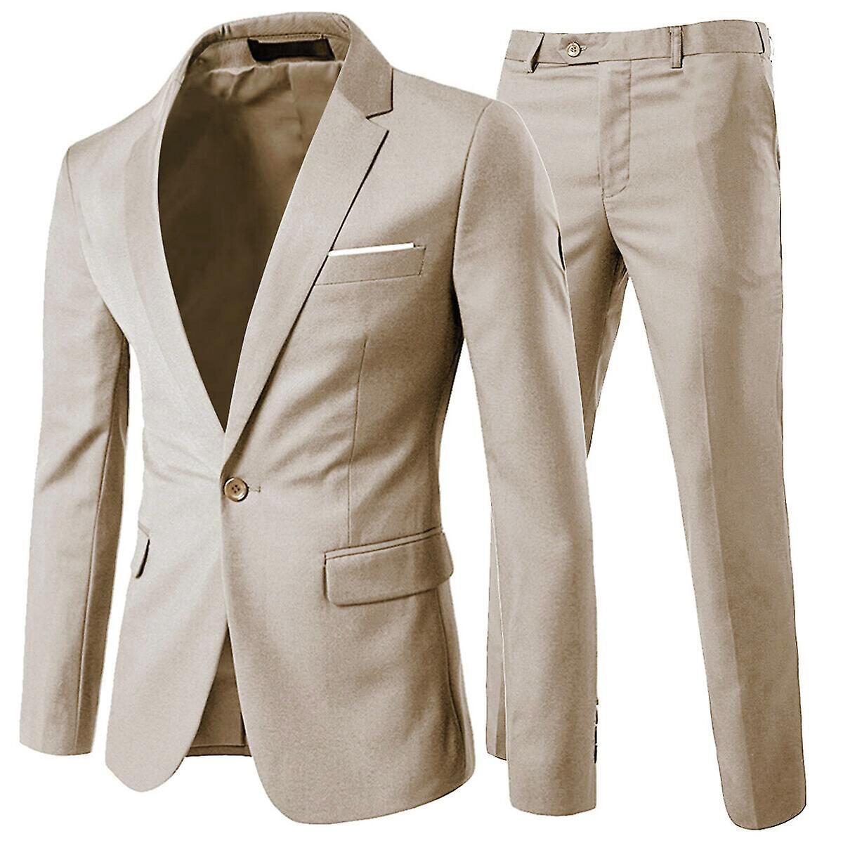 Allthemen Men's 2-Piece Suit, Slim Fit Solid Color Wedding Business Formal Suit Jacket and Pants Beige L