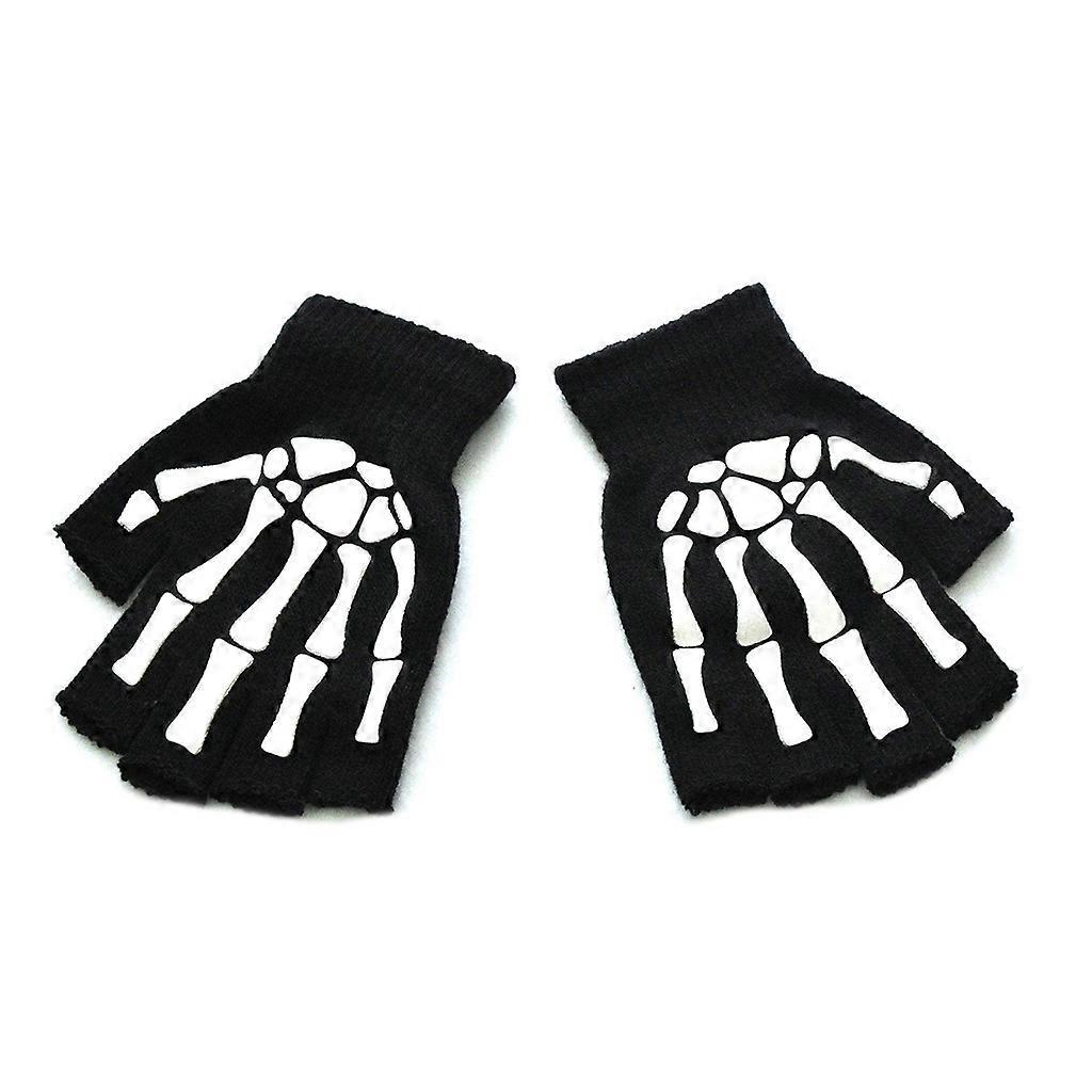 unbrand Halloween Half Finger Skeleton Gloves Knitted Glow in the Dark Cosplay Costume Black A