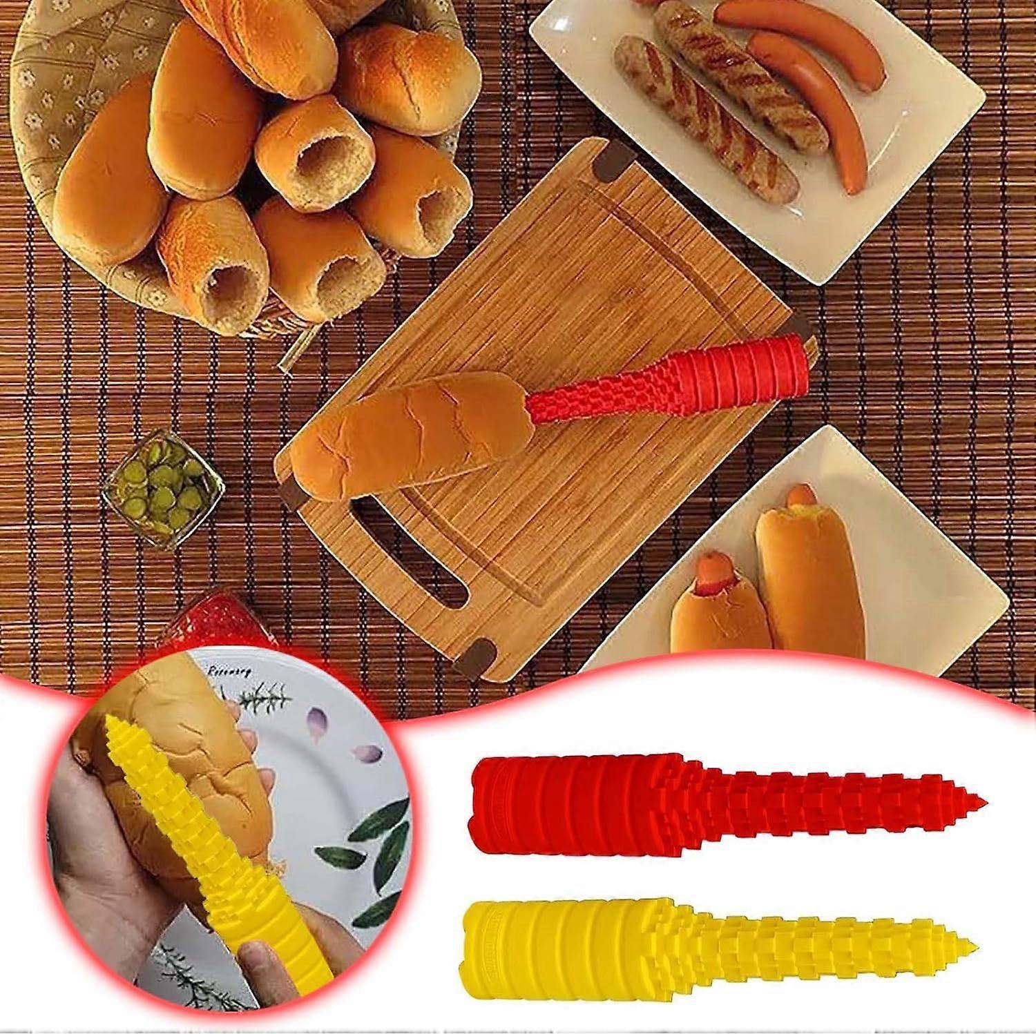 Unbrand Hot Dog Bun Driller, Hot dog Filler Maker Baking Tools, Non-Slip Bread Filling Machine for Grilling and BBQ, Baking Supplies 2pcs red-yellow