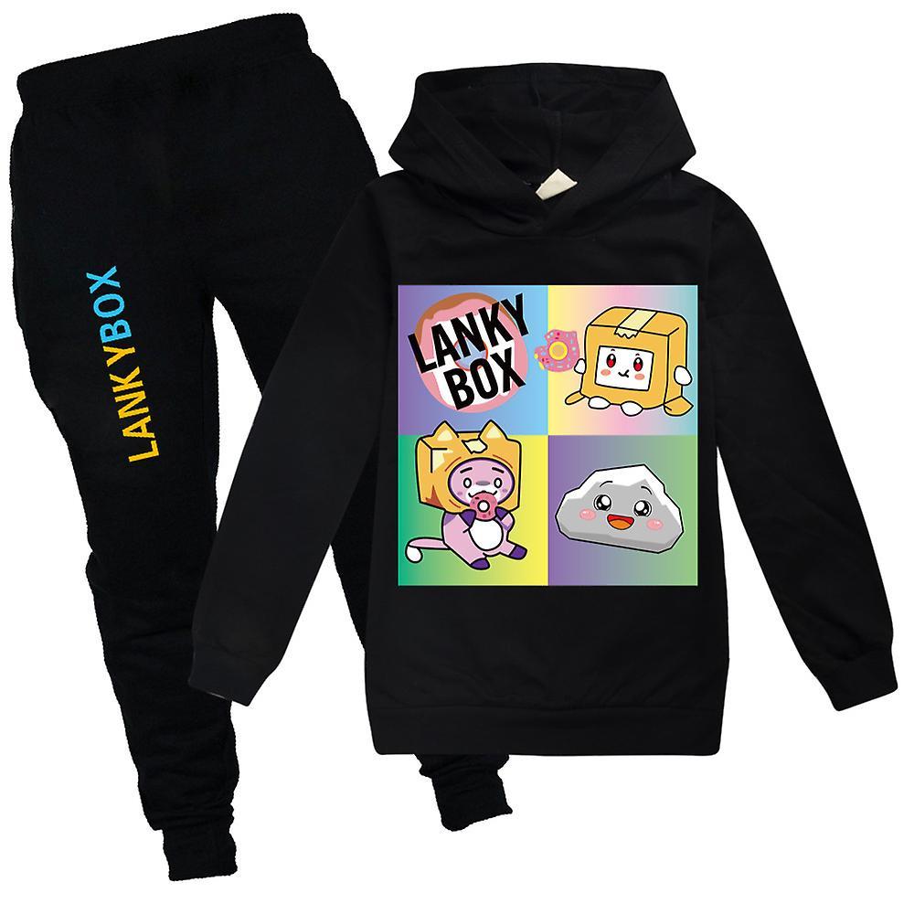 Waytogo Kids Boys Girls Lankybox Print Long Sleeve Hoodie + Trousers Casual Outfits Kit Set Tracksuit Black 9-10 Years