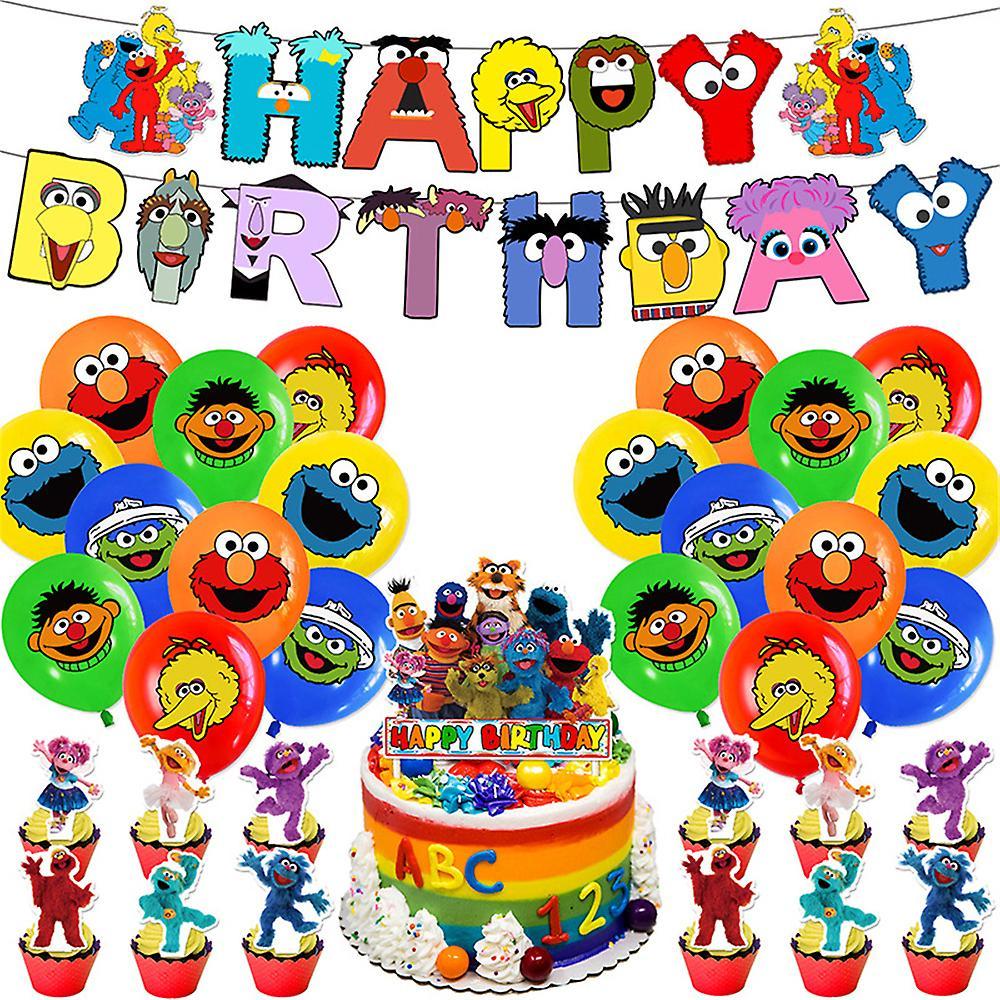 Ochime Sesame Street Cartoon Theme Kids Birthday Party Supplies Kit Banner Balloons Cake Topper Cupcake Toppers Decoration Set