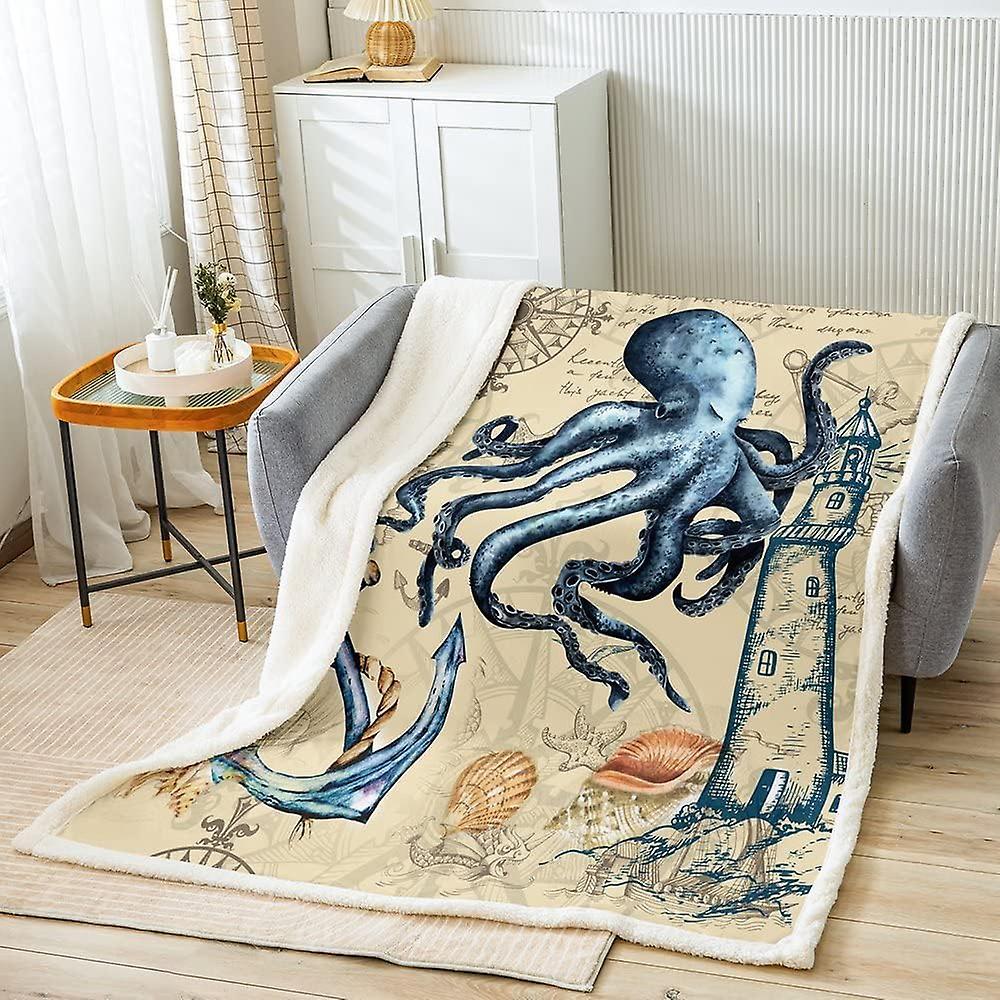 Kerota Octopus Fleece Throw Blanket for Bed Sofa Ocean Kraken Anchor Plush Blanketative Octopus Tentacles Sherpa Blanket Sea Marine Warm Fuzzy Blan...