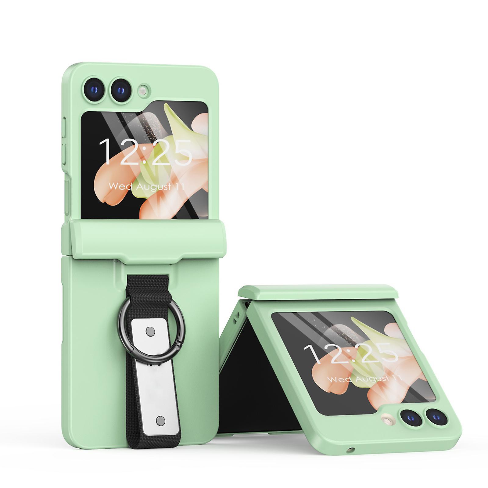 Frusde Case For Samsung Galaxy Z Flip 5 With Hand Strap Ring, Hard Pc Skin Feel Cover With Back Screen Protector & Hinge Protection Green For Galax...