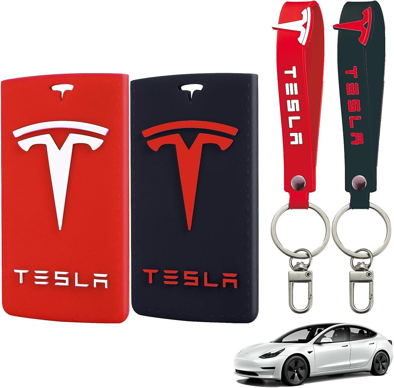 Wjiaer Tesla Key Card Holder, Tesla Key Card Holder Model Y/3, Silicone Protector Cover with Key Chain for Tesla Accessories,2pcs,red and black red...