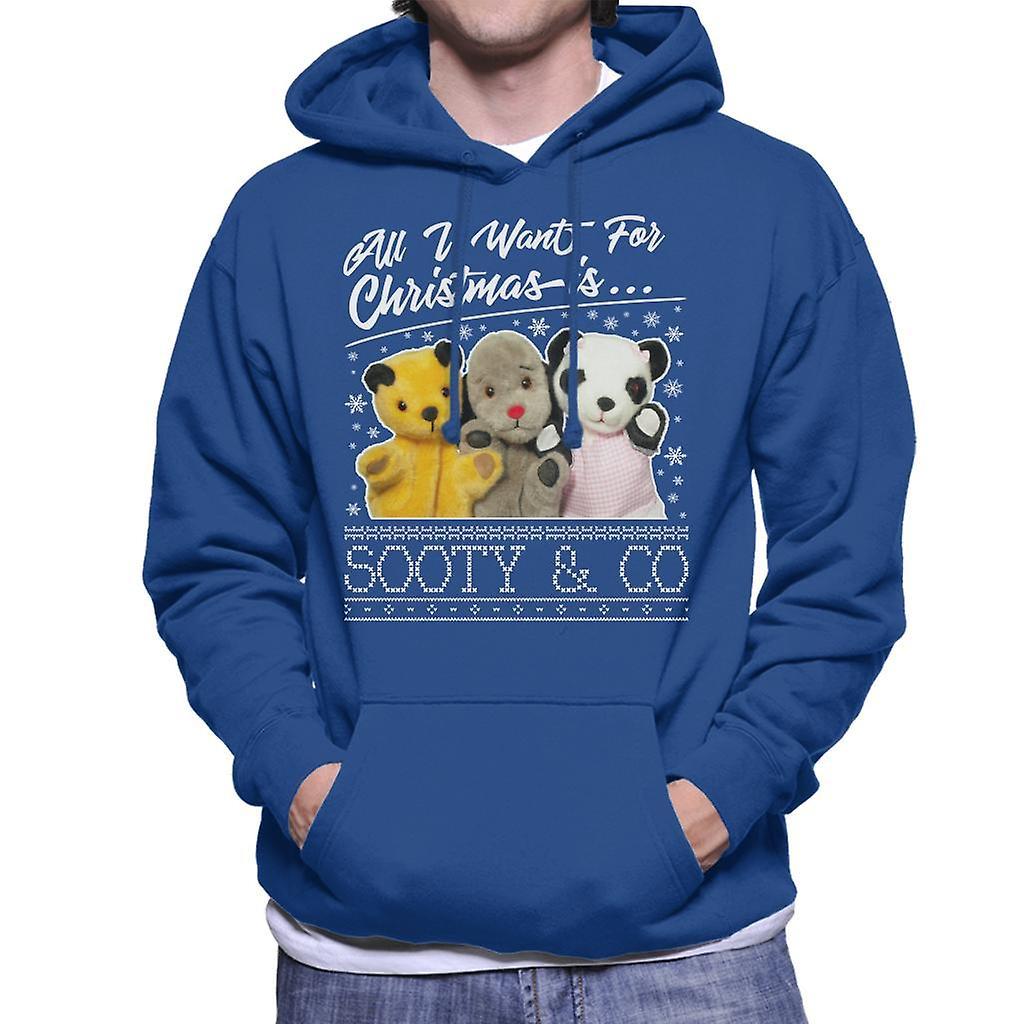 Sooty Christmas All I Want For Christmas Is Sooty And Co Men's Hooded Sweatshirt Royal Blue XX-Large