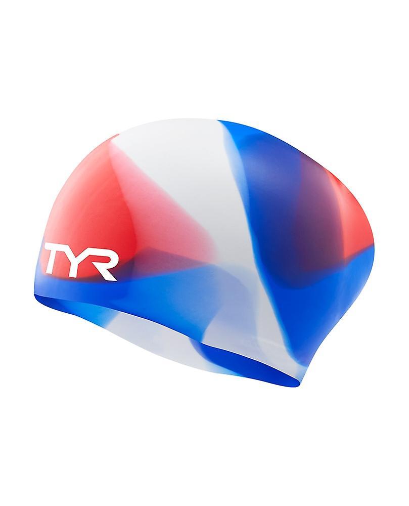 TYR Junior Tie Dye Long Hair Silicone Swim Cap Red/White/Blue