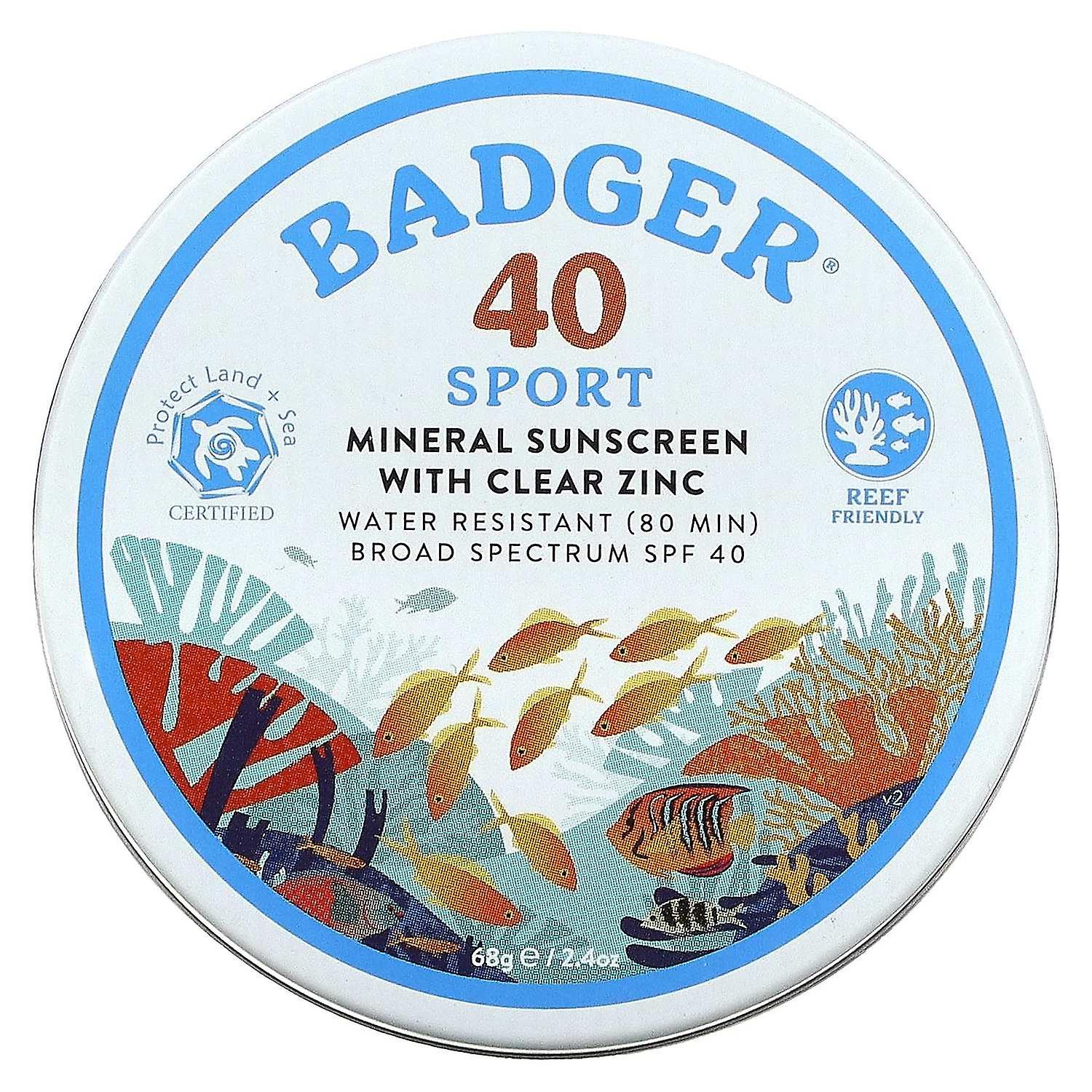 Badger Company, Sport, Mineral Sunscreen with Clear Zinc, SPF 40, Unscented, 2.4 oz (68 g)