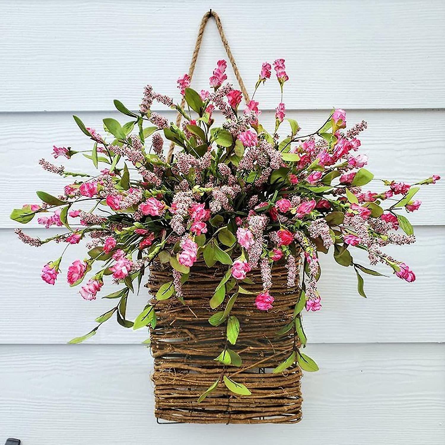 Tianzun Pink Berry Wildflower Door Hanger Basket Wreath, Seasonal Welcome Sign Front Door Decoration, Spring Ornament