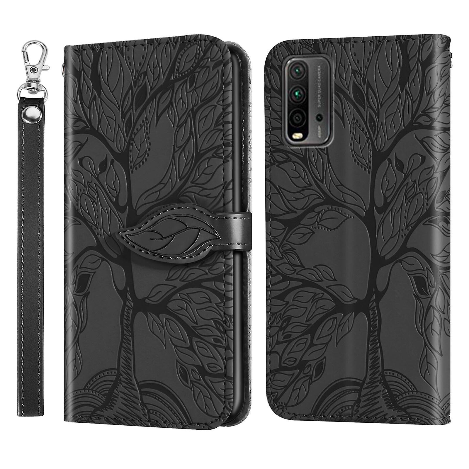 Gangxun Case For Xiaomi Redmi 9t Kickstand Wrist Strap Flip Tree Embossed Pu Leather Cover Compatible With Xiaomi Redmi 9t Case Black