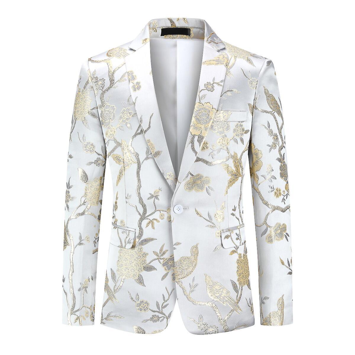 YOUTHUP Mens Embroidery Blazer Slim Fit Flowery Suit Jacket Stylish Floral Tuxedo for Dinner Party Prom White 3XL