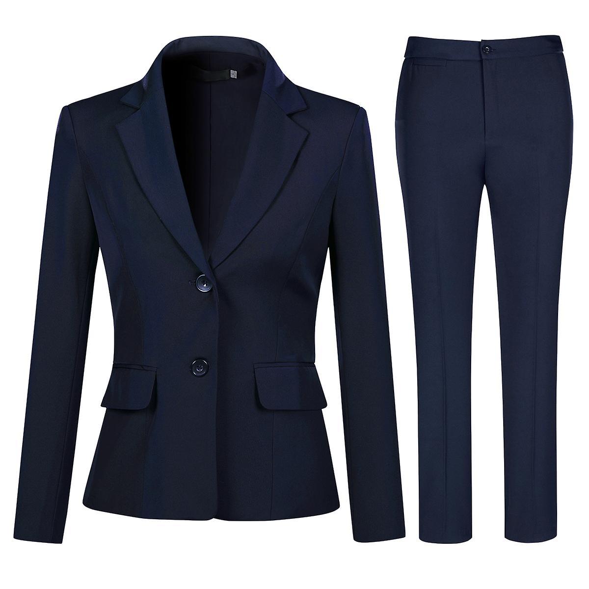 Yunclos Women's Slim Fit Two Button Solid 2 Piece Suit Dark Blue L